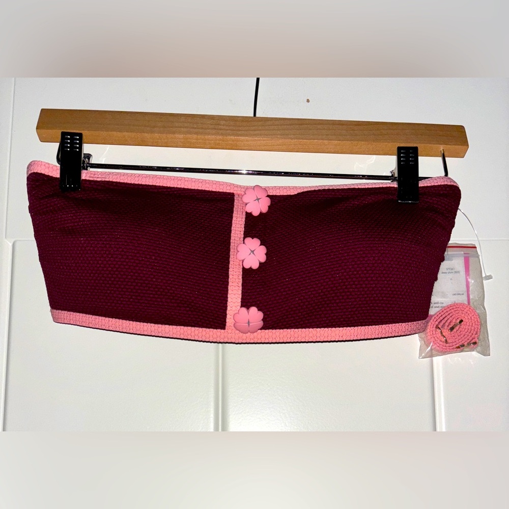 Kate Spade Pink Burgundy Pique Texture Contrast Bandeau Bikini Top M NEW Beach